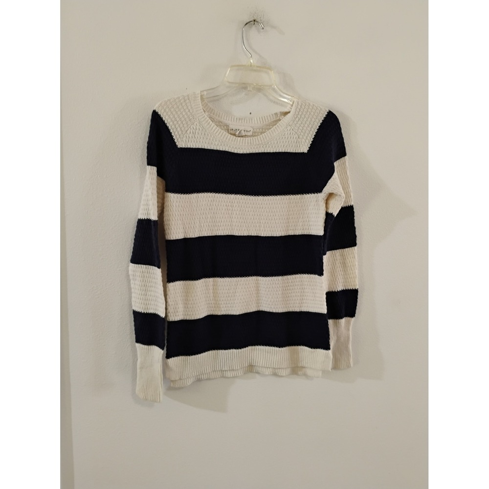 If It Were Me Navy Blue Cream Striped Waffle Knit Sweater Medium